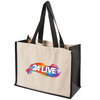A beige and black tote bag with sturdy handles and a logo on the front.