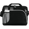 A black laptop bag with a mesh pocket, pen holders, and a strap. It features a logo on the front.