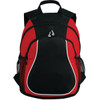A red and black backpack with two side mesh pockets and a logo at the front.