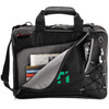 A black laptop bag with grey interior, featuring multiple pockets and a logo. It has handles and a shoulder strap.