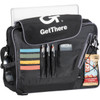 A black laptop bag with multiple pockets, containing pens, sticky notes, and a snack bar. It features a logo on the flap.