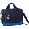 A black and blue laptop briefcase with a shoulder strap, featuring a side pocket and earphone holder, includes a logo.