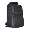A black and grey backpack featuring multiple zippered pockets and a mesh side pocket, with branding visible.