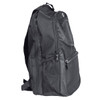 A black backpack with multiple compartments and side mesh pockets, featuring a logo on the front.