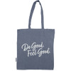A blue recycled cotton twill tote bag with a white logo and text design.