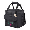 A black cooler bag with adjustable straps, featuring a front flap and a logo. It is designed to hold up to 24 cans.