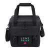 A cooler bag in black with a front flap pocket and an adjustable shoulder strap, featuring a logo.