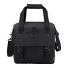 A black cooler bag with dual handles, adjustable strap, and a front flap. It features a logo and compartments.