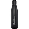 A drink bottle with a sleek black design and a logo, featuring a vacuum-insulated construction.