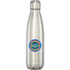 A drink bottle in stainless steel with a silver finish, featuring a round logo on the body.