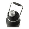 A drink bottle in matte black with a stainless steel lid and handle, featuring a logo on the body.