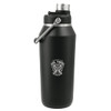 A drink bottle in matte black with a silver cap, featuring a logo on the front.