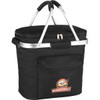 A black cooler bag with silver handles and a front pocket, featuring a logo. Suitable for picnics and outdoor use.