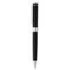 A sleek black metal ballpoint pen with silver accents and a clip, featuring a logo on its body.