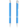 A blue metal ballpoint pen with chrome accents and a smooth grip, featuring a clip and a logo.