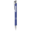 A blue metal ballpoint pen with a click action mechanism and a silver clip. Features a logo on the barrel.