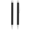 A black metal ballpoint pen with a sleek design and silver accents, featuring a clip and click action mechanism.