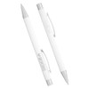 A white ballpoint pen with a silver clip and accents, featuring a branding logo. Two pens are displayed.