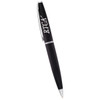 A black metal twist action pen with silver accents and a logo on the barrel.