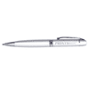 A metallic grey pencil with a shiny silver clip and branding on the barrel.