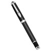 A carbon fibre rollerball pen with a sleek black design and silver accents, featuring a logo on the body.