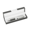 A sleek silver pen housed in a grey rectangular box with a white interior. The box features a logo.