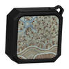 A waterproof Bluetooth speaker in black, featuring an intricate patterned front design. It has a small branding logo.