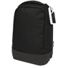 A black backpack with a sleek design featuring a zippered closure and a sturdy base. It has a logo on the side.