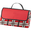 A red and black checkered picnic rug with a foldable design and carrying handle. It has a protective outer layer.