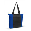 Avenue Tote Bag featuring a black and blue color scheme with a zip closure and sturdy shoulder straps.