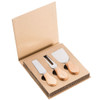 A 3-piece cheese knife set with stainless steel blades and wooden handles, presented in a cardboard storage box.