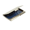 A silver pocket business card holder with a blue interior and a logo on the inside.