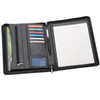 A black leather compendium featuring card slots, a zip pocket, and notepad space. Includes a pen and has a logo.