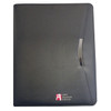 A black imitation leather A4 zippered compendium with a silver clip and a logo on the front.