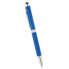 A blue metal pen with a silver accent and a stylus tip, featuring a sleek design and a clip.