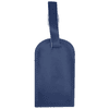 A navy blue luggage tag made of leather with a strap for attachment. It features a logo on the surface.