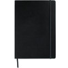 A black bound journal with a strap closure and a ribbon marker, featuring a logo on the cover.