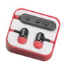 Bluetooth earbuds in black and red with a control panel, presented in a white foam insert within a red case.