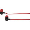 Bluetooth earbuds featuring black and red design with a connecting wire. Includes ear tips for a secure fit.