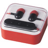 Bluetooth earbuds in red and black, packaged in a clear case with a black control panel. Contains branding.