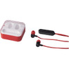 Bluetooth earbuds in black and red, with a control panel and a transparent red casing for storage.