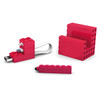 A red 3-in-1 mobile set featuring a USB drive, a phone stand, and a stylus, all with a block design.