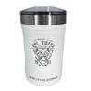 A drink bottle in white with a silver lid and a logo featuring a tiger and text. It is a 2-in-1 cooler.