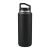 A drink bottle with a sleek black design and a handle, featuring a silver band near the top.