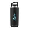 A drink bottle in matte black with a silver lid and a logo on the side. It has a sturdy handle for easy carrying.