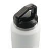 A drink bottle in white with a black lid, featuring a handle and a metallic band near the top.