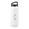 A drink bottle in white with a black lid and handle, featuring butterfly designs and a logo.