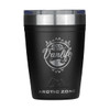 A drink bottle in matte black with a metal rim and a logo featuring outdoor themes. Capacity of 350ml.
