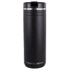 A drink bottle in matte black with a silver band and a lid, featuring a logo. Suitable for thermal beverages.