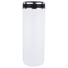 A drink bottle in white with a black lid, featuring a logo, designed for thermal insulation.